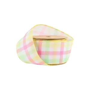 2 1/2" Wired Ribbon | White w/ Pastel Plaid Green/Yellow/Pink | 10 Yard Roll