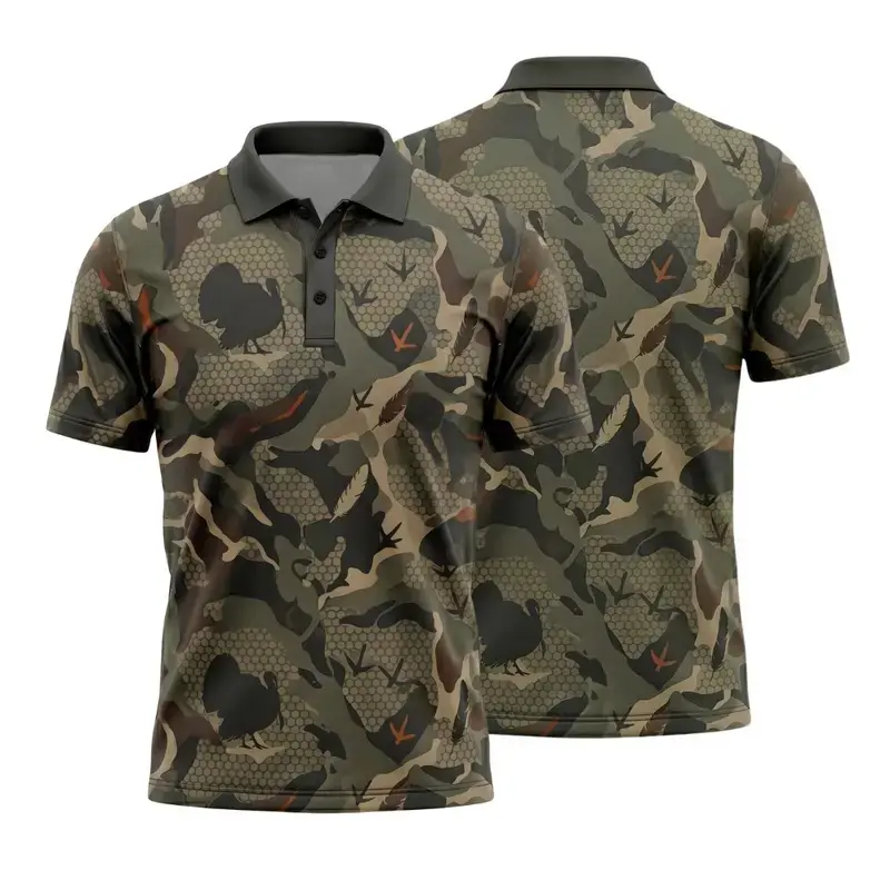 Turkey Hunting Camouflage Men’s Polo Shirt, Lightweight Outdoor Short Sleeve Sportswear