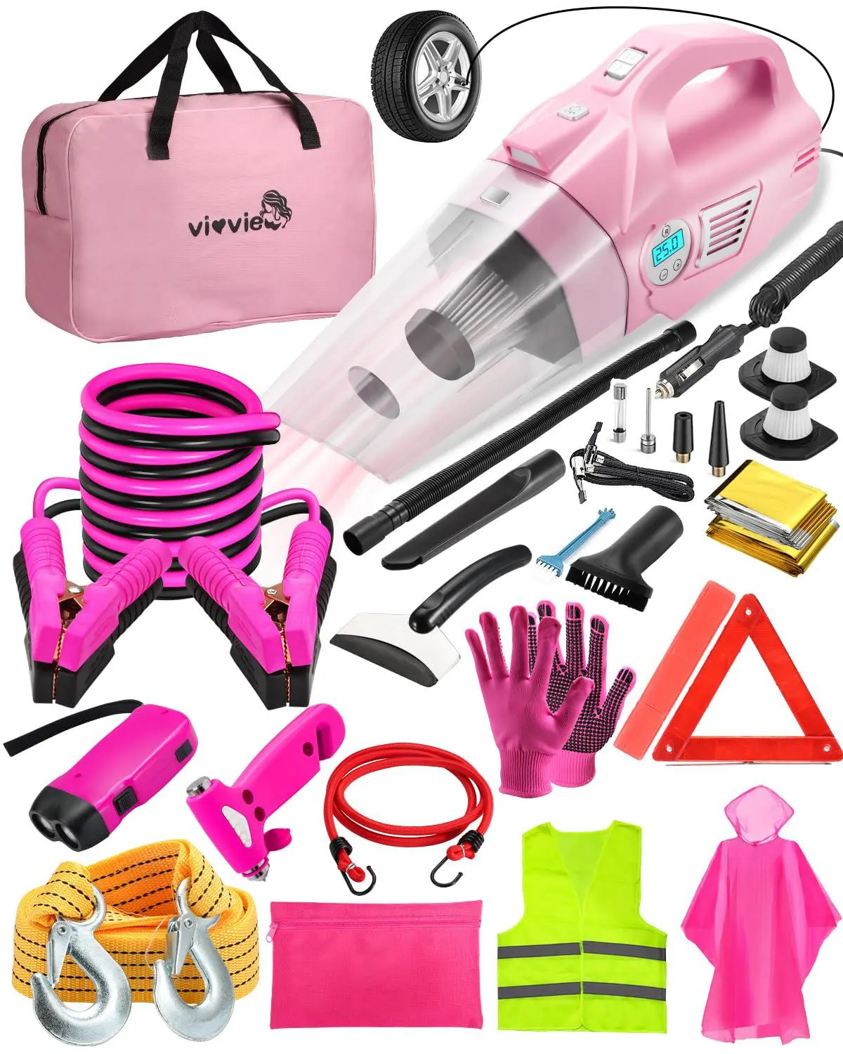【summerfinds】Roadside Emergency Car kit for Vehicles, with 4 in 1 Inflatable Car Vacuum Cleaner, Pink Jumper Cables, Tow Rope, Vehicle Road Trip Must Haves Pink Accessories for Women.Christmas gift sets.