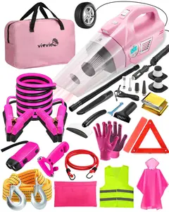 Roadside Emergency Car kit for Vehicles, with 4 in 1 Inflatable Car Vacuum Cleaner, Pink Jumper Cables, Tow Rope, Vehicle Road Trip Must Haves Pink Accessories for Women.Christmas gift sets.