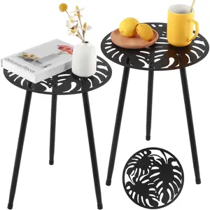 Metal Outdoor Side Tables Set of Two Small Outside Round End Table for Patio Modern Accent Garden Corner Table for Small Spaces, Balcony, Porch, Weather-Resistant, Plant Stand Indoor, Black