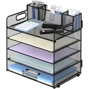 5 Tier Desk Organizer with Handle & 3 Pen Holders, Mesh Paper/File Organizer for Desk, Paper Letter Tray Organizer for Office Supplies