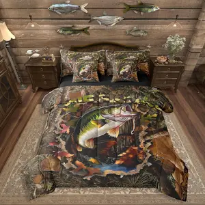 Feelyou Men's 7-Piece Camo Fish Comforter Set with Sheets, Fish Themed Bedding Set for Hunting Enthusiasts, All-In-1 Bed in a Bag for Boys