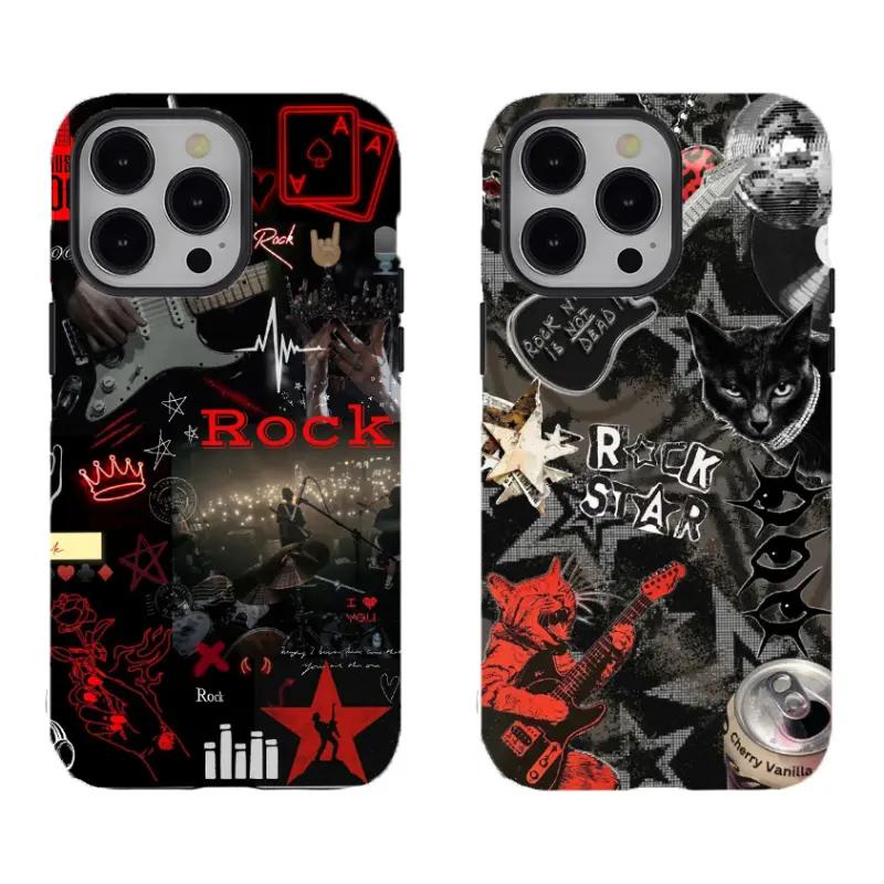 Vintage Rock Custom Shockproof Smartphone Casing - Guitar & Cat Punk Design, Handheld Cellphone Protection, for iPhone 11/12/13/14/15/16/17 ProMax Plus & Samsung Devices, Ideal Fan Gift