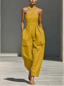 2026 Spring Summer New Women's Solid Color Halter Neck Dress, Tank Top Shirt, Cuffed Long Pants, Fashionable Casual for Daily Wear