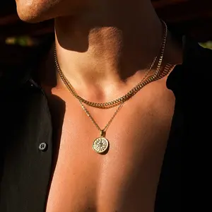 2PCS Chain Set Stainless Steel Retro Compass Pendant Necklace Coin Compass Men's Hip-hop Women'S Necklace Gold/Silver/Black Color Chain