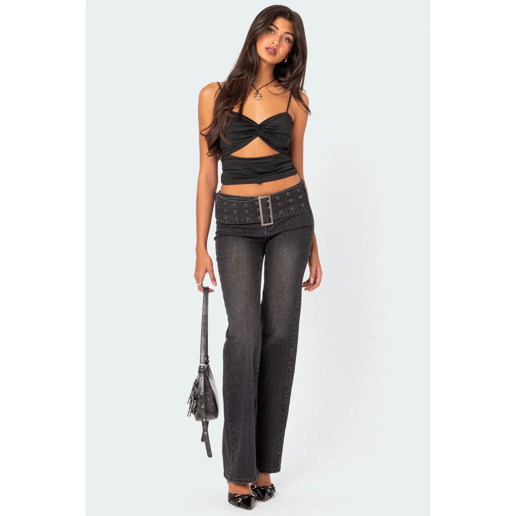 Buckle Belt Washed Low Rise Flared Jeans