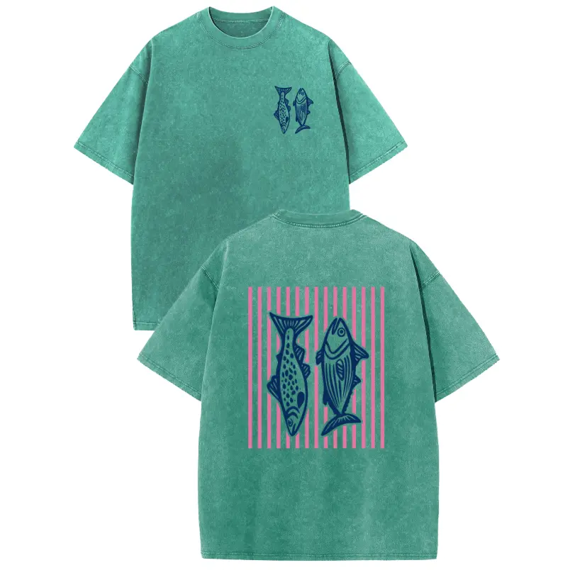 Holafish Heavyweight Cotton Crewneck Streetwear T‑Shirt, Retro Acid Wash Pink Striped Dual‑Side Fish Graphic Printed Unisex Fashion Tees summervibes Casual Top