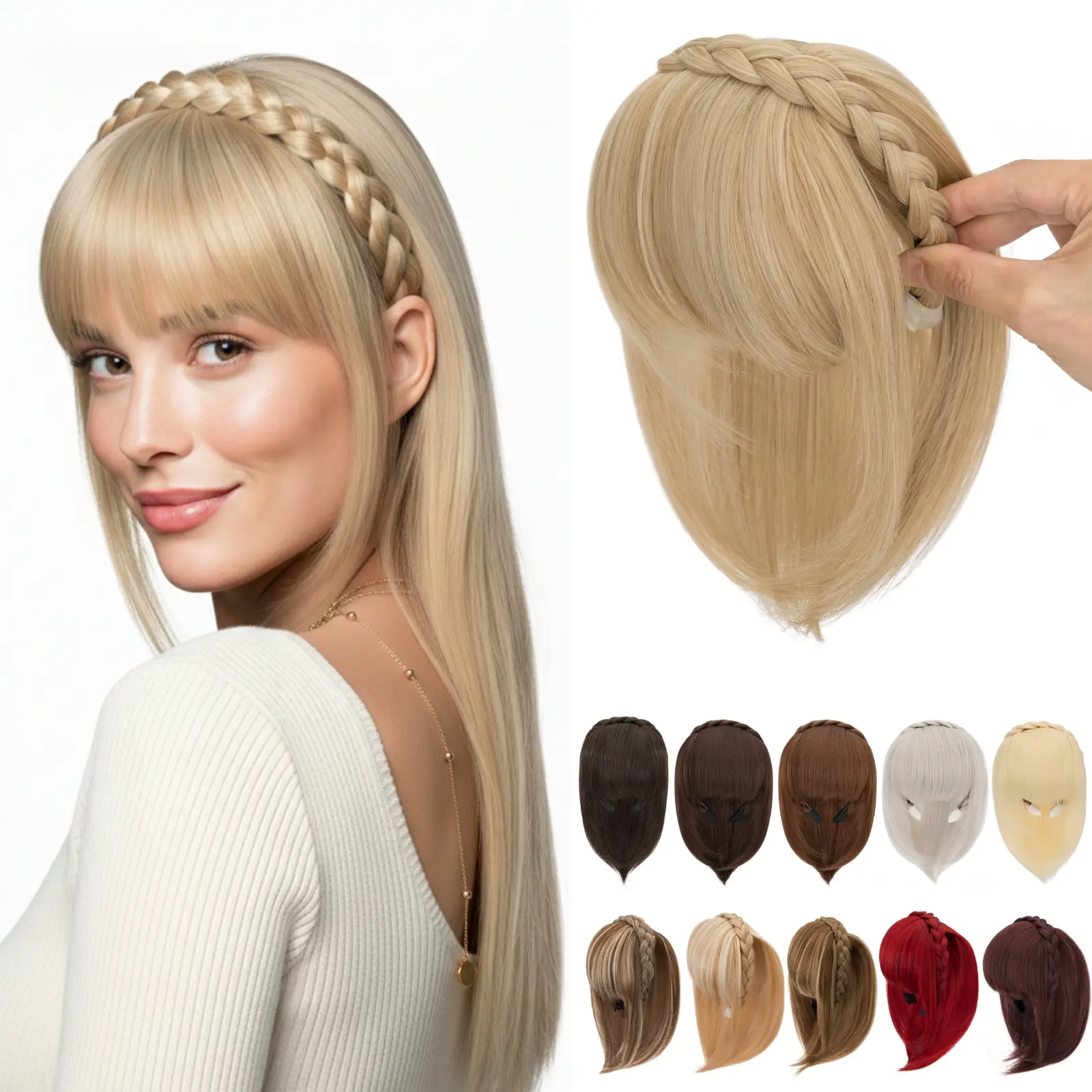 Women's 12in Cute Elegant Braided Headband - Synthetic Hairpiece with Instant Secret Bangs, French Fringe Toupee - Braided Bangs Synthetic Extensions & Pieces for Daily Use