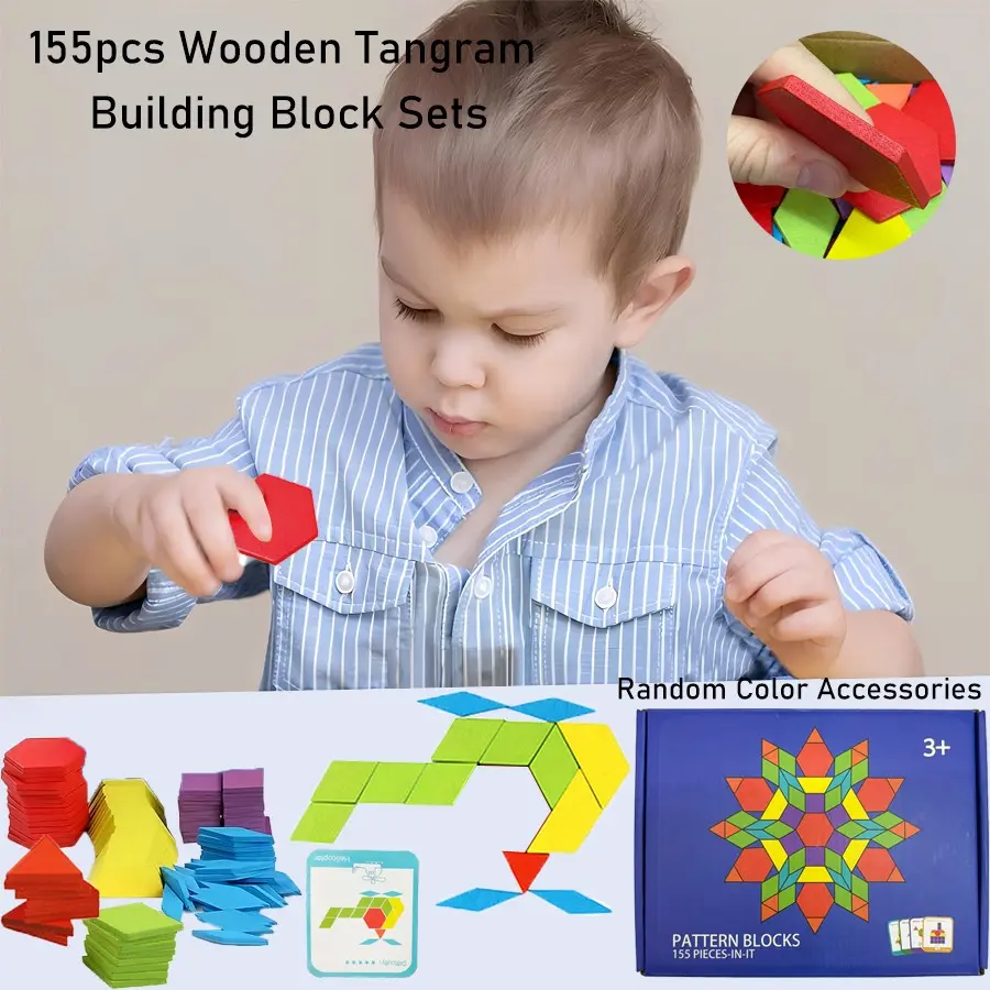 155-Piece Wooden Tangram Puzzle Toy Set, Educational Brain Game for Kids 3-7, Travel games, Wooden Puzzles, Geometric Puzzle, Brain Teaser Puzzles, Develops Logic, Memory, and Math Skills, Perfect for Gifts