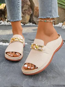Women's Summer Casual PU Leather Roman Sandals, Thick Sole Round Toe Fish Mouth Design, Metal Chain Fashion Large Size Slippers Footwear