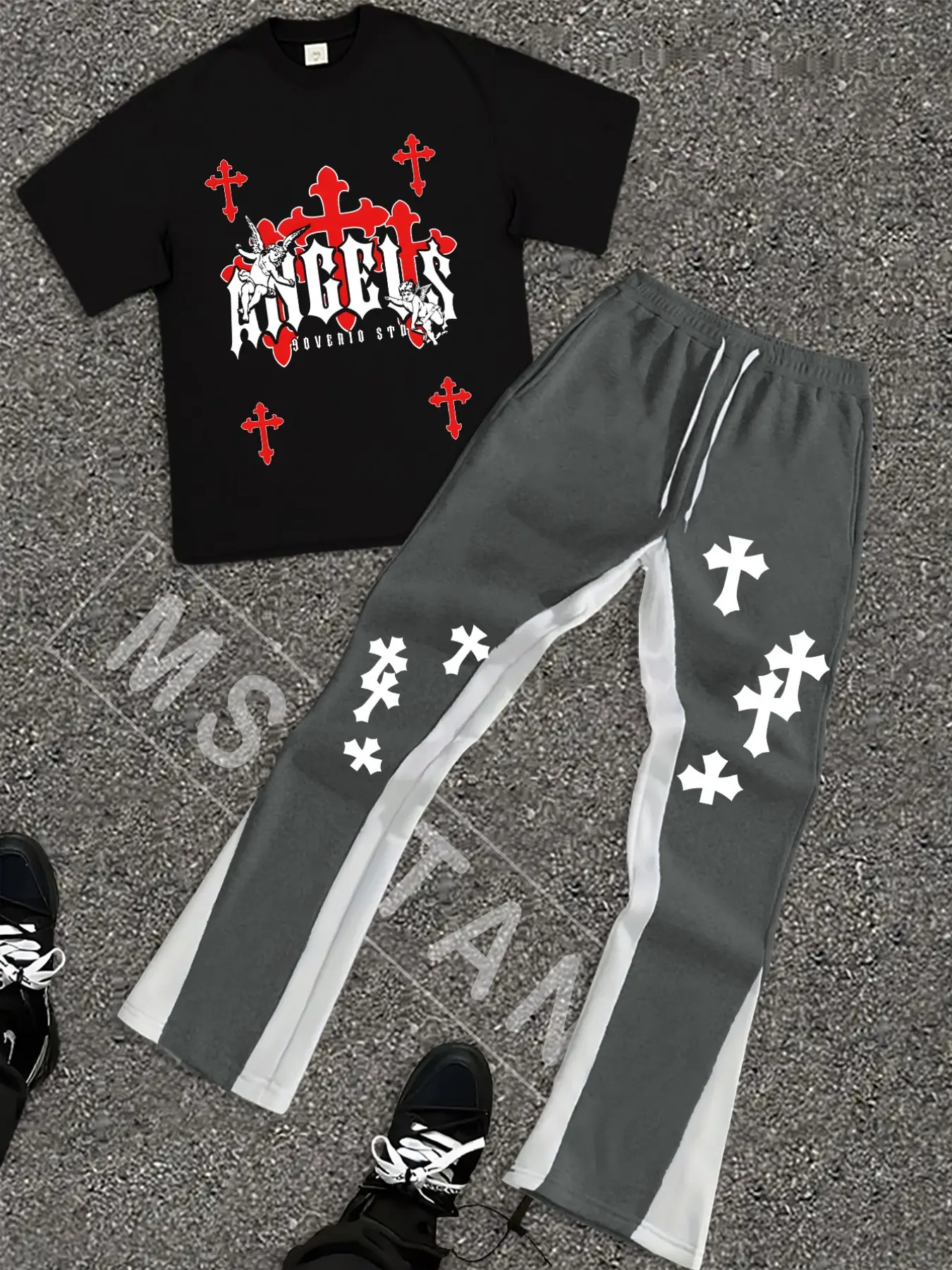New men’s hip-hop-style short-sleeved top and trousers set, two-piece, carefully selected colourways, casual wear, suitable for hip-hop, gothic and Harajuku-style casual outfits