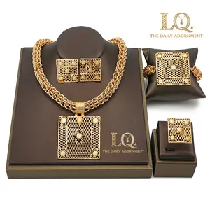 LQ Complete "Iconic Square" Collection (4-Piece Set) - 18K Gold Tone Geometric Necklace Set with Matching Bracelet Earrings Ring - Modern Fashion Accessories for Women - Best Gift for Birthday, Anniversary, Valentine's Day & Mother's Day