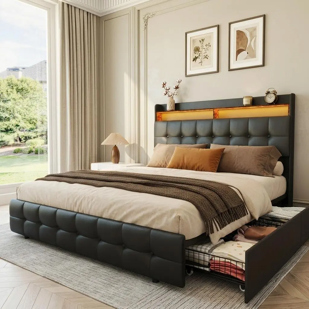 Queen Size Upholstered Bed Frame Fabric with Storage Drawers and LED Lights, Headboard and Frame for Cozy Bedroom Sets Upgrades