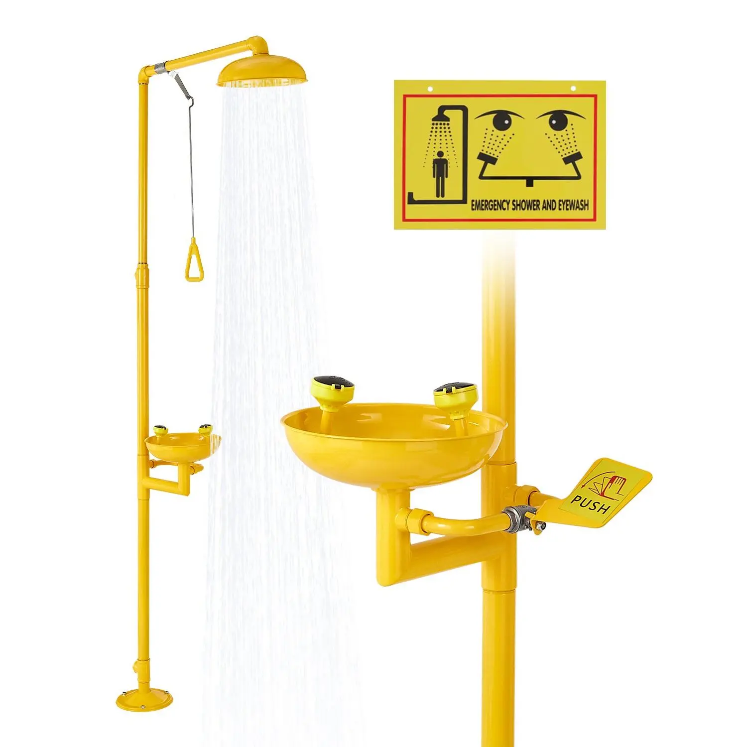 【Summerfinds】VEVOR  Emergency Shower Eye Wash Station, 34.25 x 15.75 x 91.73 Inch 304 Stainless Steel Eyewash and Shower Combination, OSHA-Approved First Aid Eye Wash Station, for Schools, Labs, Factories, Yellow, Eye Wash Basin