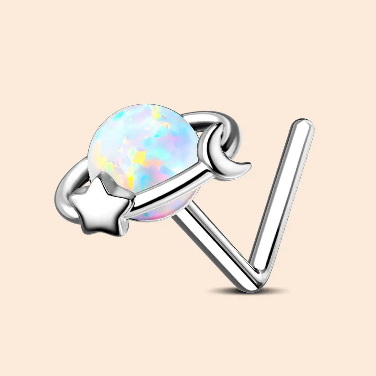 OUFER BODY JEWELRY L-Shaped Nose Stud with Iridescent Opal Top, Elegant Celestial Piercing Jewelry for Nose Piercings
