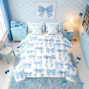 Feelyou 7-Piece Ultra-Soft Microfiber Bed Comforter Set - Blue Bowknot Design with Sheets, Preppy Kawaii Coquette Bedding for Teens, Multi-Size Ribbon Bow Bedding Collection