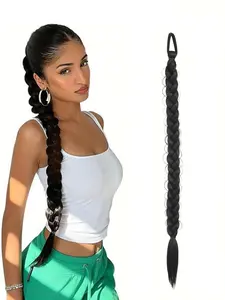 24 Inch Long Braided Ponytail Extension with Hair Tie, Natural Looking Fluffy Straight Wrap with Braid Ponytail Extension, Synthetic Hair Piece for Women