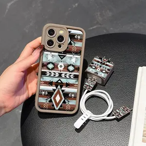 5 Piece Set Protective Accessories with High Bamboo Pattern, Charger Case, 2 Data Cable Sleeves, Silicone Data Cable Tie for iPhone 11 to 16 Cover