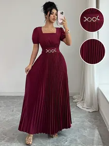 Women's Wine Pleated Long Dress, Square Neck Bubble Sleeve Waist Cinching Gown, Elegant Formal Party French Style Casual Chic Elegance Look