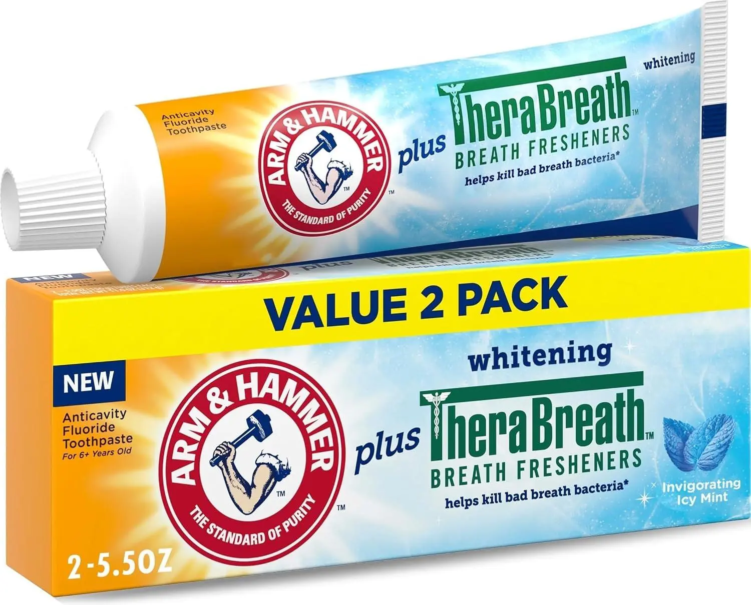 ARM & Hammer Toothpaste Plus TheraBreath Breath Fresheners, ICY Mint Flavor, Teeth Whitening Toothpaste, Anticavity Fluoride for Bad Breath, 5.5 Oz (Pack of 2)