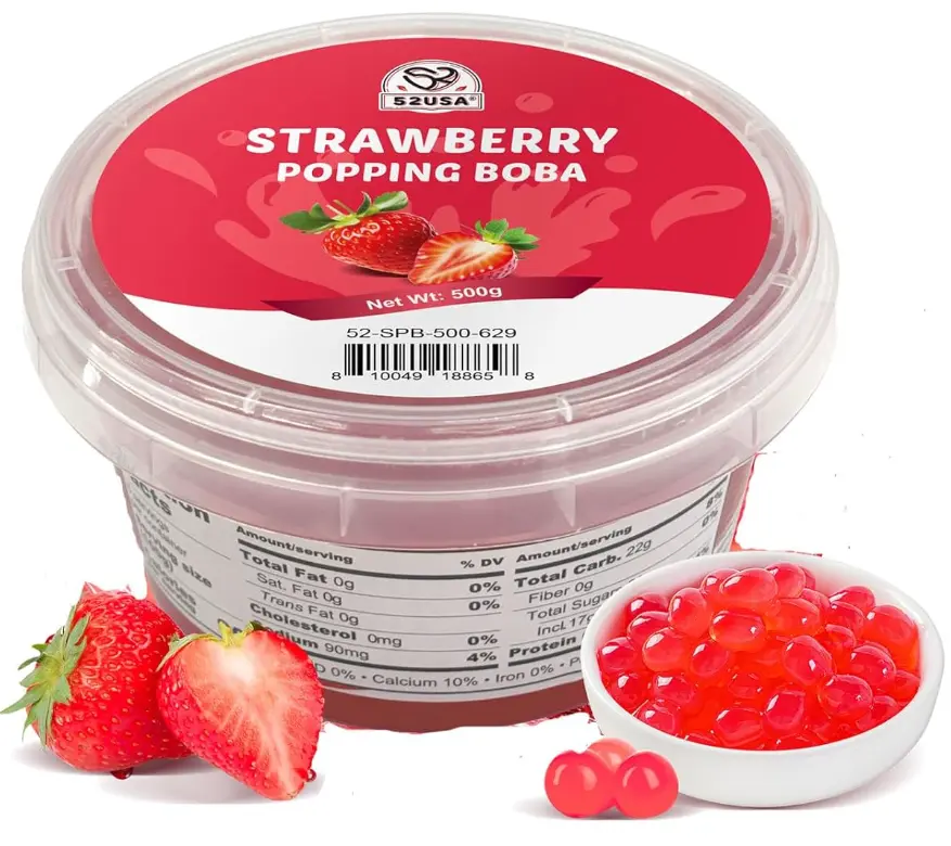 52USA Strawberry Popping Boba (500g), Popping Pearls for Bubble Tea, Beverages, Sweets, Ice Cream, Shakes, Desserts & Smoothies Topping, 1.1 Pound (Pack of 1)
