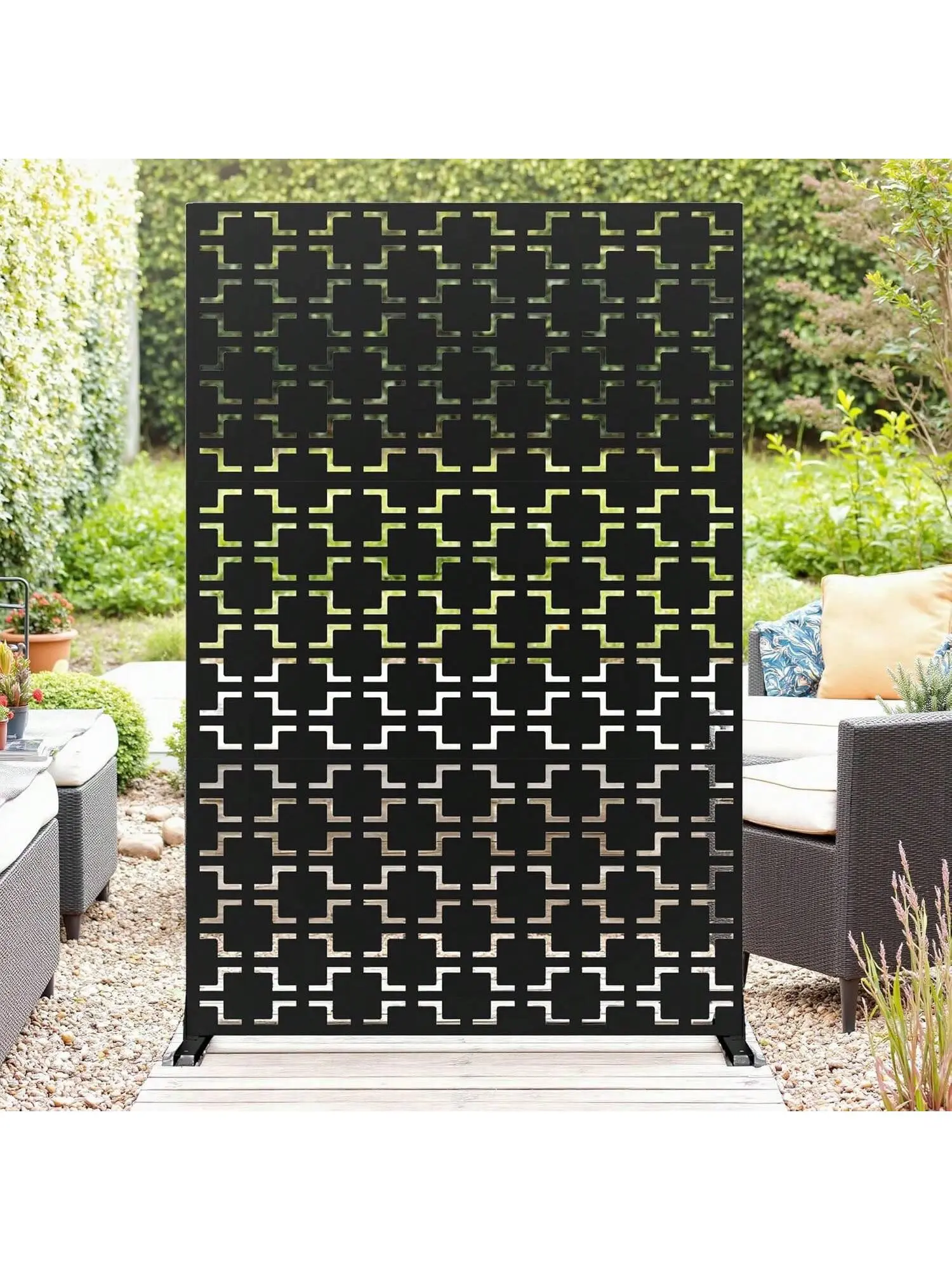 72"H x 47"W Modern 3-Panel Galvanized Steel Privacy Screen - Black Square, Corrosion Resistant, Fade Resistant, Mesh Front, Freestanding Decorative Fence Divider with Stand & Hardware for Outdoor Living, Pools, Enhances Ambience