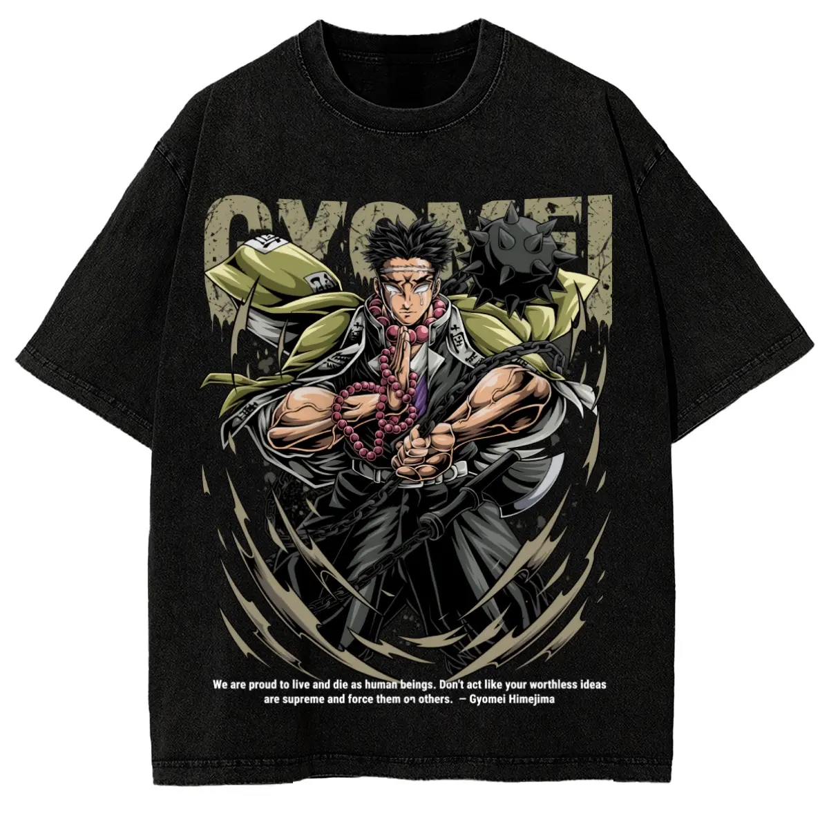Gyomei Himejima Demon Slayer Anime Inspired Washed T Shirt, 230g Cotton Graphic Tee, Powerful Warrior Print, Japanese Streetwear Unisex  Clothes