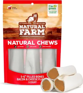 Natural Farm 5-6 Inch Bacon & Cheese Filled Bones for Large Dogs Grass-Fed Beef Femur Bones with Rich Aromatic Stuffing Grain-Free Hormone-Free Chemical-Free