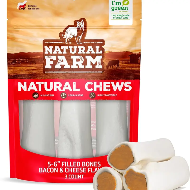 Natural Farm 3-Pack 5-6 in Chewing Bones - Bacon & Cheese Filled Grass-Fed Beef Femur Real Meat Bones for Large Dogs, Rich Aromatic Stuffing, Monitor Chew (Grain, Hormone & Chemical-Free)