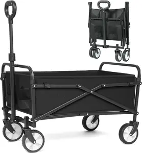 Collapsible Wagon Carts Foldable, Heavy Duty Capacity Portable Outdoor Utility Beach Wagon Cart with All Terrain Big Wheels & Drink Holders, for Shopping, Camping, Garden, Sports and Outdoor