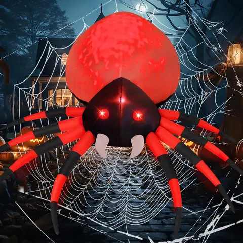 GOOSH 8 ft Lifelike Spooky Spider for Halloween - Waterproof Poly Outdoor Decor, LED Lighting, Fast Fan for Quick Setup, Party Decoration Supplies