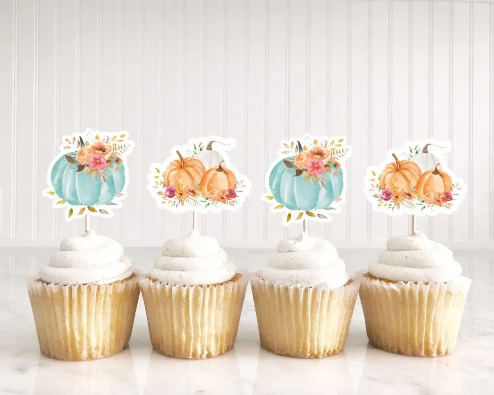 LITTLE PUMPKIN CUPCAKE Toppers - Pumpkin Cupcake Toppers Pumpkin Cake Toppers, Little Pumpkin Birthday, Pumpkin Party, Pink and Gold Pumpkin