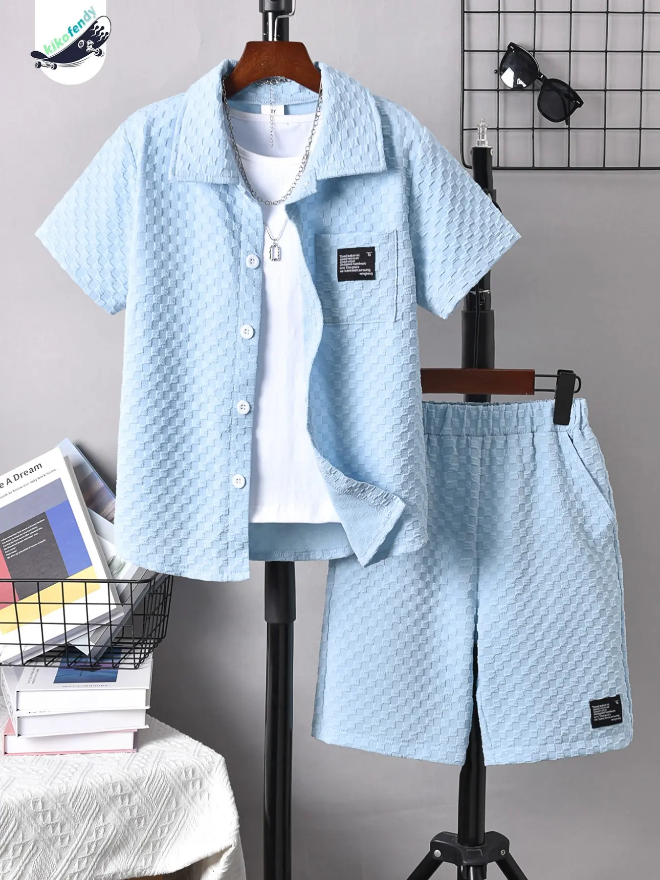 Kikofendy Boys' Casual Fashion Embossed Plaid Jacquard Short Sleeve Shirt + Stylish Shorts Two-Piece Set, Outfits Set, Outfit Sets
