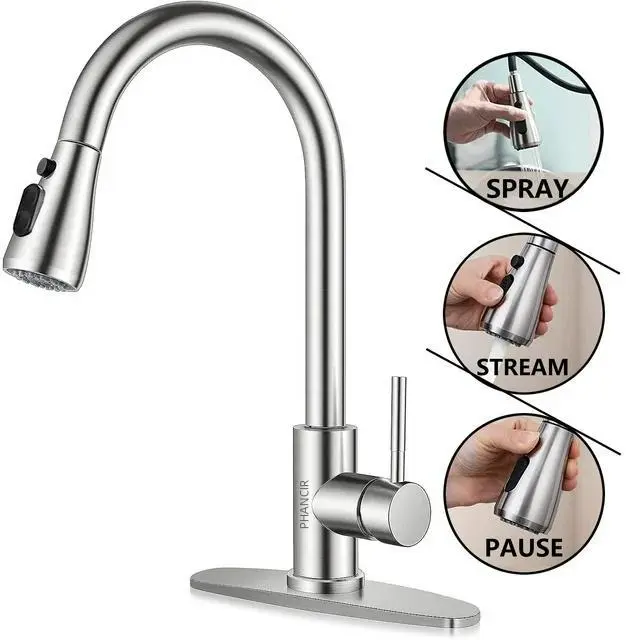 SummerVibes Kitchen Sink Faucet with Pull Down Sprayer, High Arc Single Handle Kitchen Taps, Brushed Nickel Finish, Single-Hole Setup Saves Time, Steel Body Stands Up to Use, Ceramic Valve Seal Modern Durable Steel
