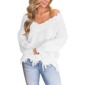 Womens Loose Knitted Off The Shoulder Sweater Solid V Neck Long Sleeve Pullover Ripped Crop Top Clothes Fashion Casual Knitwear(Sheets)