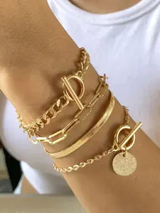 4 pcs Set Vintage Hip Hop Snake Bone Chain Round Disc Fashion Bracelets Set, Stackable Bracelet, Women Gold-Tone Jewelry Set, Suitable For Daily Wear, Trendy Stack Bangle, Casual Trendy Jewelry, Trendy Jewellery Accessories