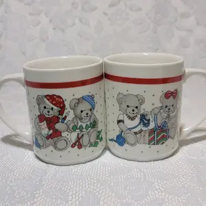 Vintage Teddy Bear Christmas Mugs Set of 2 Holiday Cup Drinkware holiday gift
