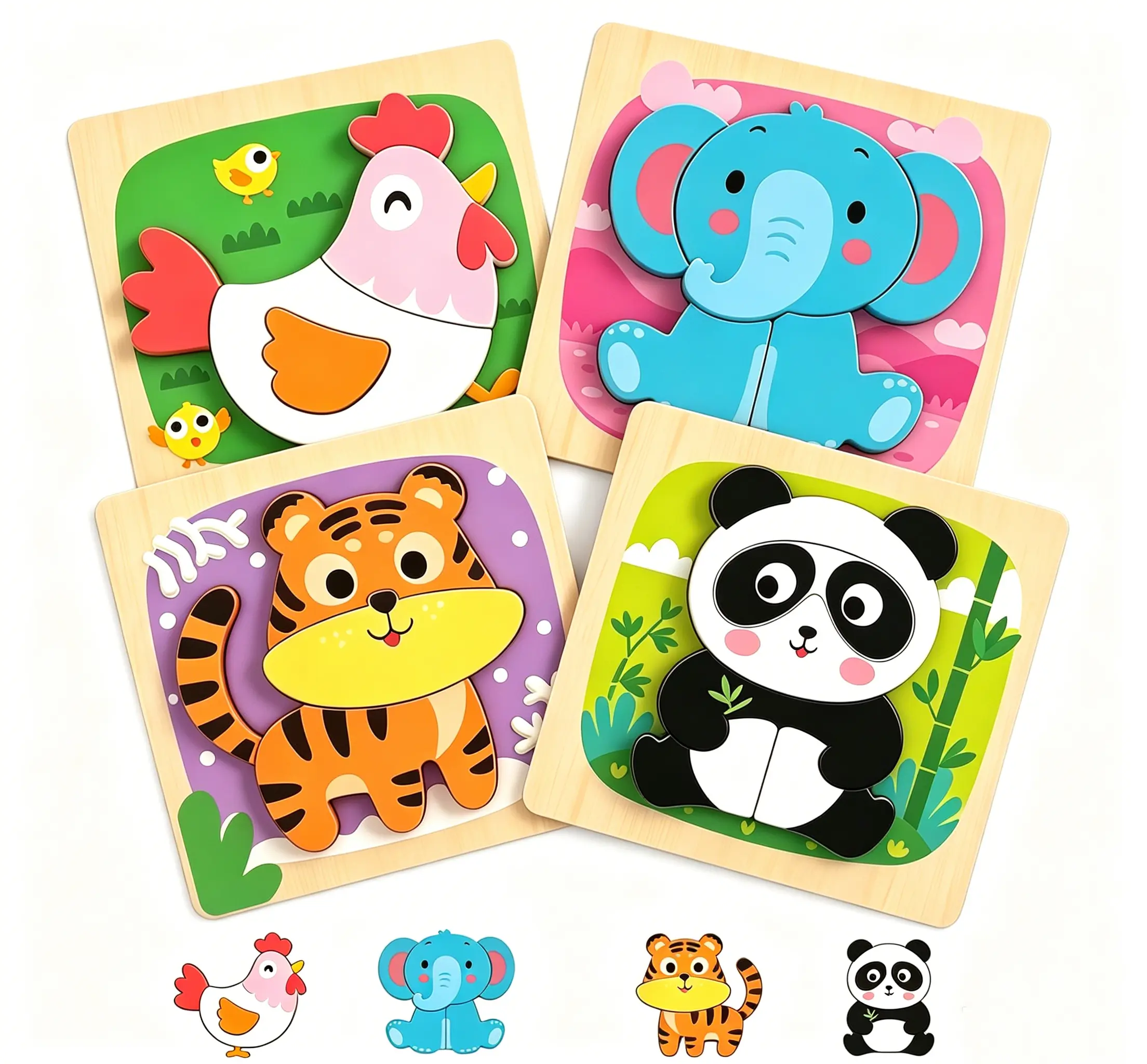 CPSC-Certified 4-Pack Colorful Animal Shape Wooden Puzzles (Elephant, Rooster) for Toddlers 1-4, Montessori Safe Smooth Educational Toys, Boost Fine Motor-Cognitive Skills, Color-Shape Recognition, Patience, Ideal Gift for Birthdays-Easter