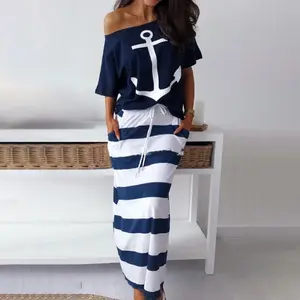 LIVE ONLY ChicMe Women's 2026 Boat Anchor Print T-Shirt & Striped Drawstring Skirt Set