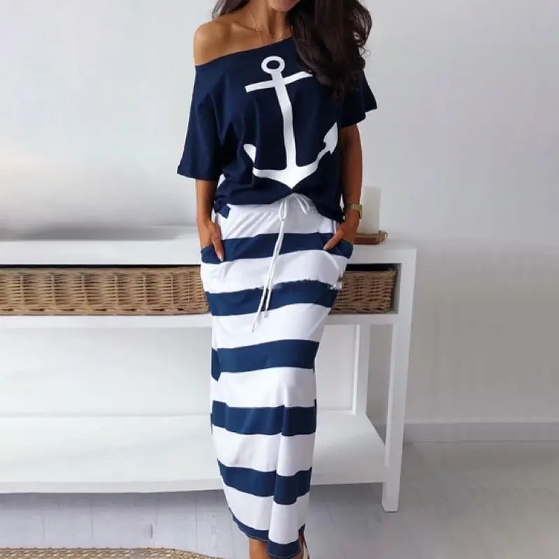LIVE ONLY  CHICME Women's 2026 Boat Anchor Print T-Shirt & Striped Drawstring Skirt Set