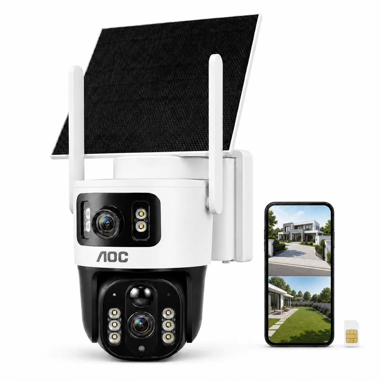 AOC 4G LTE Solar Outdoor Security Camera, Dual-Lens Dual-View, AI Auto Tracking, Color Night Vision, 2-Way Audio, IP65, Security Cameras for Home & Farm, 10400mAh, No WiFi Needed, 7-Day Free Trial Then 4G Plan Required