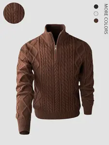 Men's Vintage Half-Zip High Neck Casual Sweater, Regular Size Plain Chunky Knit Pullover, Colorblock Pattern, Fall & Winter Essential, Knitwear