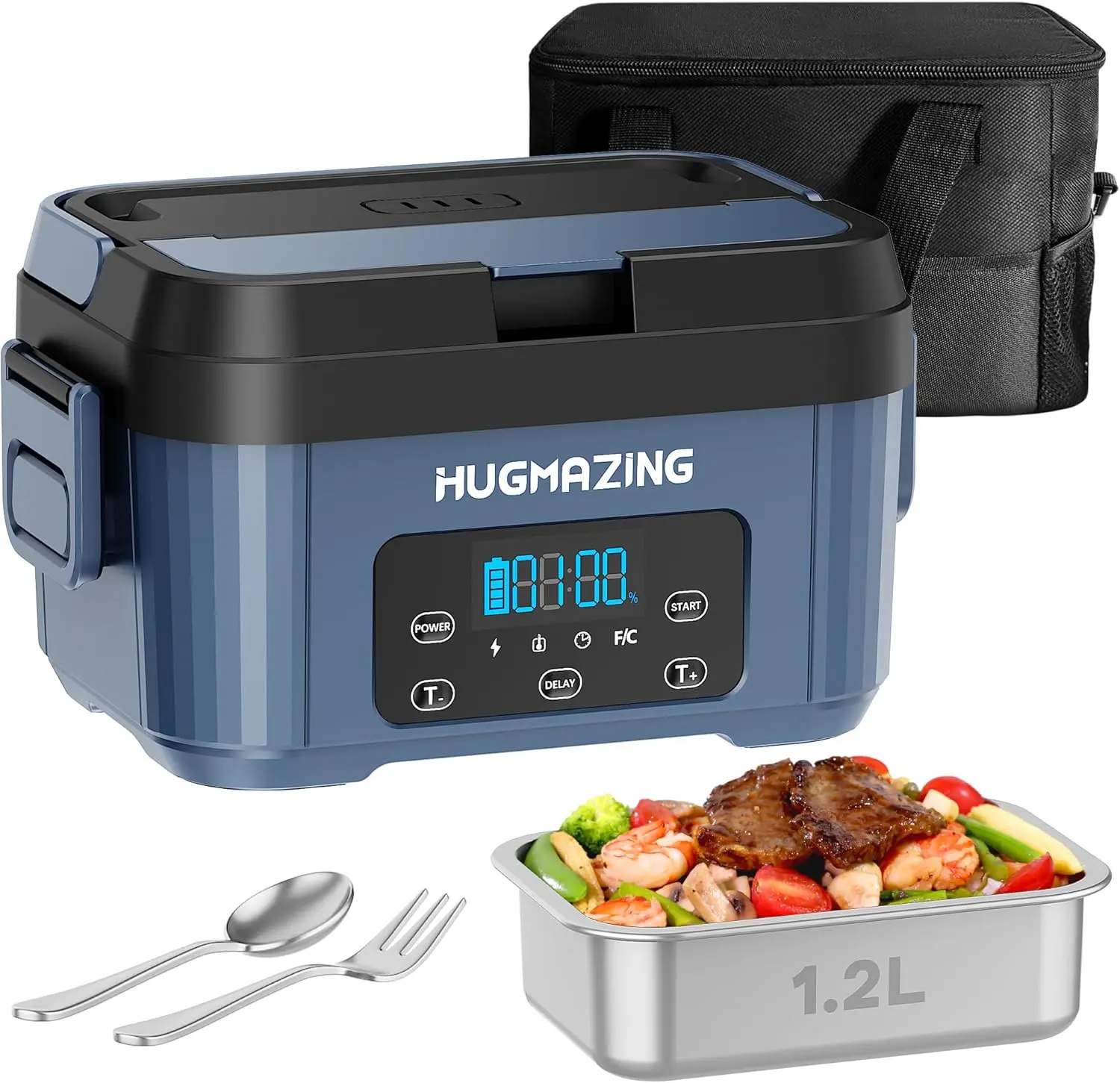 Hugmazing Cordless Electric Lunch Box for Adults, Men & Women – Rechargeable Self-Heating Food Warmer with 1.2L SS Container, Battery-Powered Heated Lunch Box, Perfect for Work and Travel Use