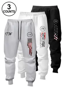 Men's Flag Print Long Pants Set, Elastic Waist, Regular Fit, Casual Comfort, Pockets, Spring & Fall Daily Wear, Fashion Clothing