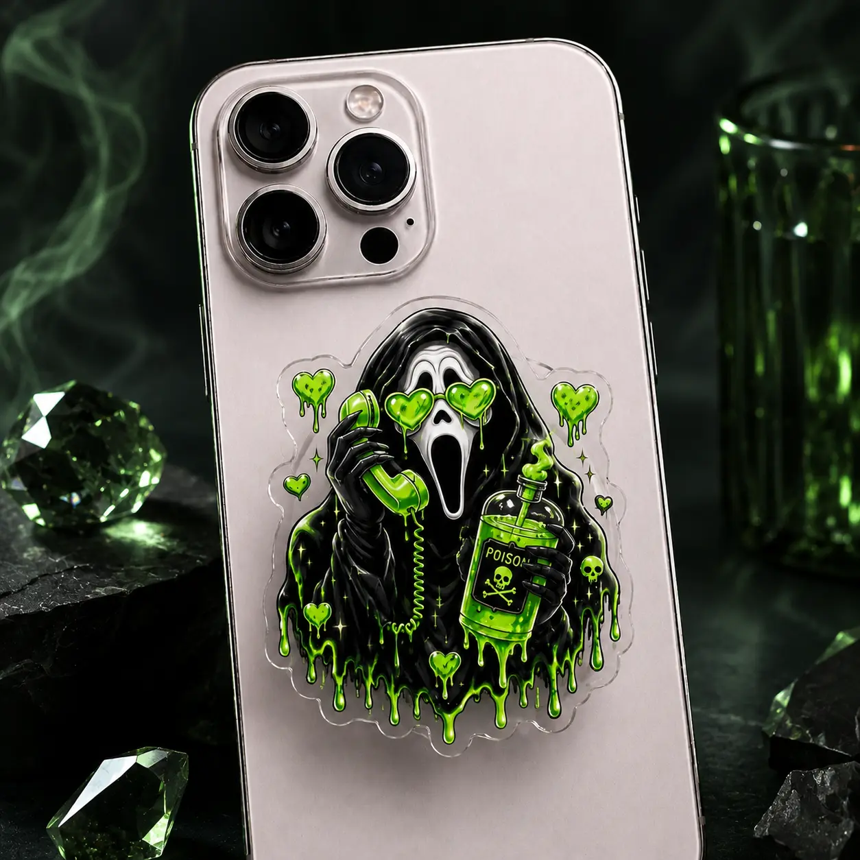 Acrylic Grim Reaper Phone Grip Cute Green Ghost Horror Phone Stand Trendy Halloween Goth Smartphone Holder for Back of Case