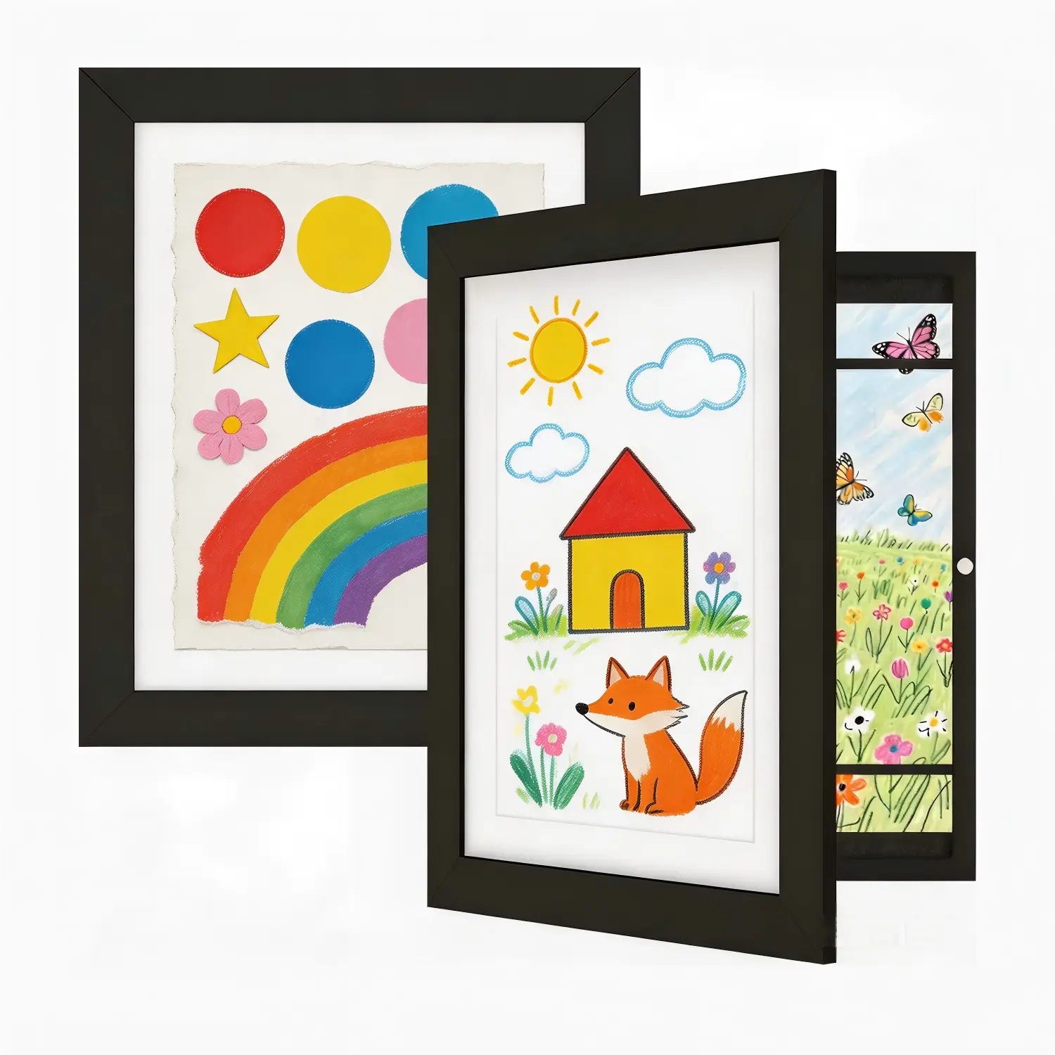 2-Pack Rectangular Black Wooden Kids Art Frames, Magnetic Door, Gallery-Style Edges, Easy Access - Displays 3D Artwork, Photos, Crafts - Home, Playroom Wall Decor (Home Supplies, Photo Frames), Two-Piece