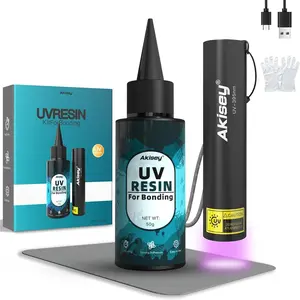 UV Resin Kit with Light, 50g UV Resin with Rechargeable 395NM UV Flashlight, Fast Curing in Seconds, UV Glue Adhesive for Bonding Jewelry, Plastic, Glass & Acrylic Repair Kit with Mat, Gloves