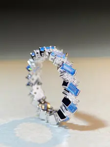 Sterling Silver Color Ring with Cubic Zirconia Full Diamond Design, Elegant Aqua Blue High Carbon Diamond Style, Unique Women Jewelry