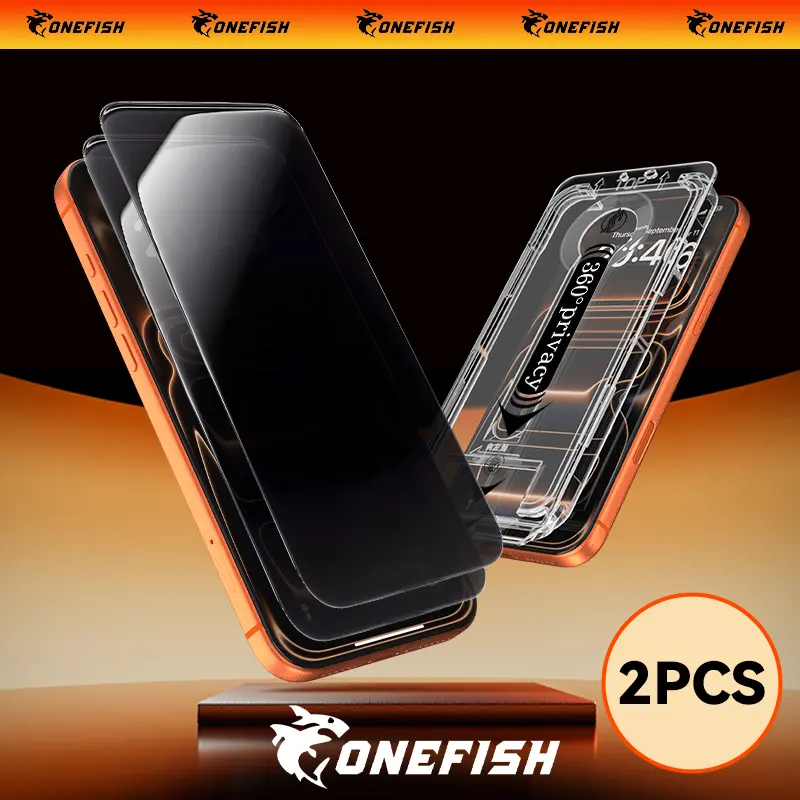 One Fish 360° Privacy Screen Protector 2 Pack for iPhone Full Coverage Anti-Spy Electroplated Fingerprint-Proof 4 Sides Protection
